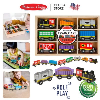Melissa &amp; Doug Magnetic Wooden Train Cars รุ่น 5186 ของเล่นรถไฟ โมเดลรถไฟไม้ ต่อลากเป็นขบวน มีกล่องไม้อย่างดีสำหรับเก็บ