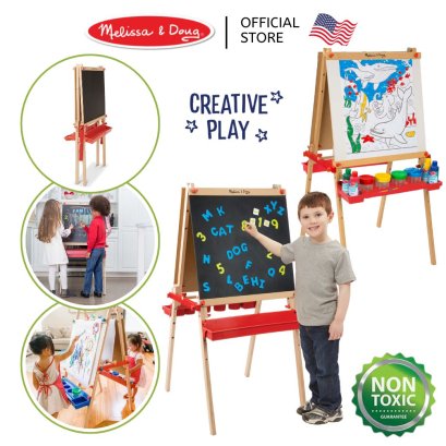 Melissa &amp; Doug รุ่น 9336 Deluxe Magnetic Standing Easel ชุดกระดานสองหน้าที่ครบครัน กระดานวาดเขียน ความสูงปรับได้ ขาตั้ง กระดานดำ ไวท์บอร์ด แม่เหล็ก