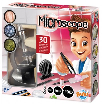 Buki France Microscope 30 experiments รุ่น MS907B กล้องจุลทรรศน์พร้อมชุดทดลอง 30 กิจกรรม ขยาย 3 ระดับ x200 x600 x1200 ปรับโฟกัสง่าย มีไฟ LED ในตัว