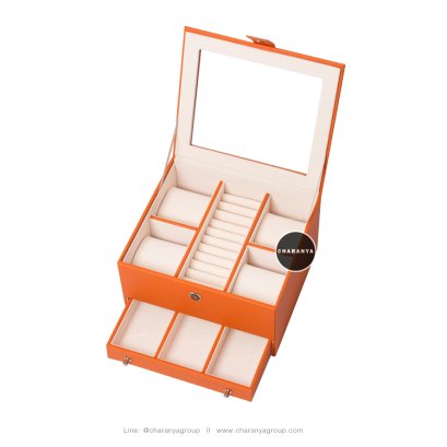 Watch and Rings Box Storage Organizer กล่องนาฬิกา กล่องเครื่องประดับ 2 ชั้น ลิ้นชัก เกรดอย่างดี สวยพรีเมี่ยม วัสดุดี Orannge สีส้ม 