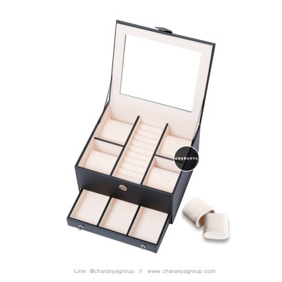 Watch and Rings Storage กล่องเครื่องประดับ 2 ชั้น สีดำ เกรดอย่างดี มีหมอนสำหรับคนข้อมือเล็ก สวยพรีเมี่ยม วัสดุดี ควรค่าแก่การใช้งาน