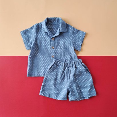 2 PACK BOYS & GIRLS BLUE DOT SHIRT +ELASTIC WAISTBAND SHORTS  / 100% WOVEN COTTON