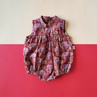 MANDARIN COLLAR BUTTONS BACK ROMPER  100% PRINTED COTTON CRIMSON RED THAI ELEPHANT