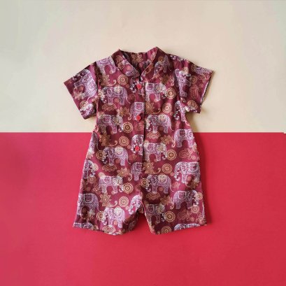 BOYS&GIRLS MANDARIN COLLAR ROMPER 100%PRINTED COTTON CRIMSON RED THAI ELEPHANT