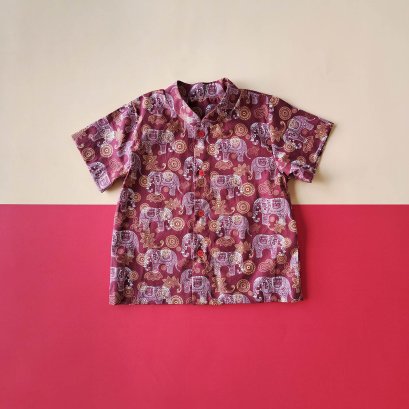 BOYS & GIRLS MANDARIN COLLAR SHIRTS CRIMSON THAI ELEPHANT / 100% PRINTED COTTON