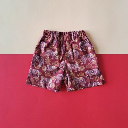 BOYS & GIRLS CRIMSON RED THAI ELEPHANTS ELASTIC WAISTBAND SHORTS  / 100% PRINTED COTTON