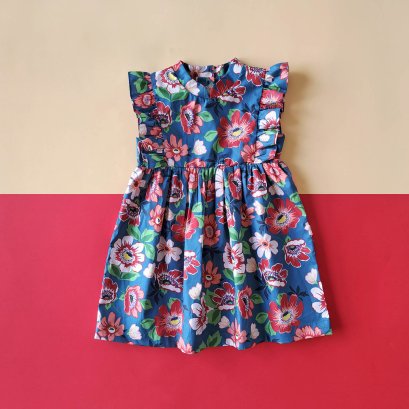 MANDARIN COLLAR BUTTONS BACK FLUTTER SLEEVE DRESS 100% PRINTED COTTON PEONY BLUE