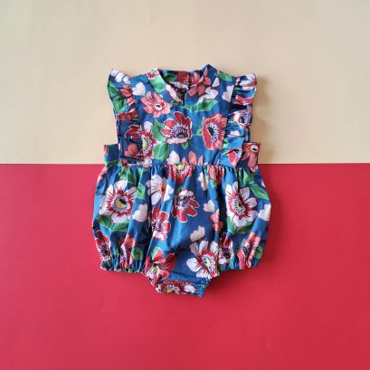 MANDARIN COLLAR BUTTONS BACK FLUTTER SLEEVE ROMPER  100% PRINTED COTTON PEONY BLUE