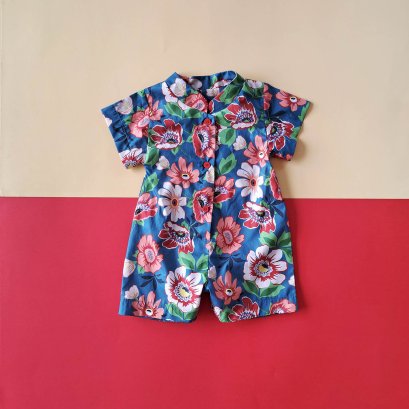 BOYS&GIRLS MANDARIN COLLAR ROMPER 100% PRINTED COTTON PEONY BLUE