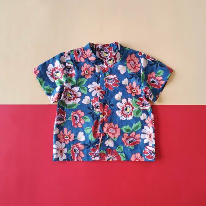 BOYS & GIRLS MANDARIN COLLAR SHIRTS PEONY BLUE / 100% PRINTED COTTON