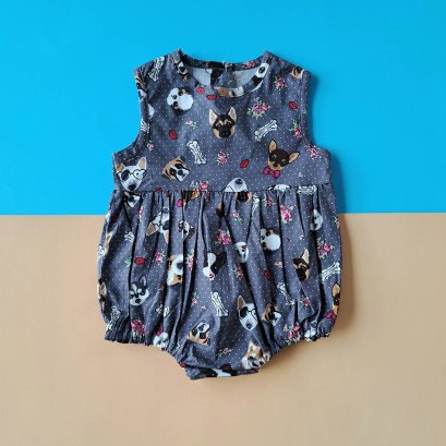 BUTTONS BACK WOOF WOOF DARKGREY BROWN ROMPER 100% PRINTED COTTON