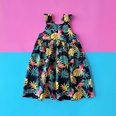 ELASTIC BACK TROPICAL DRESS 100% PRINTED COTTON