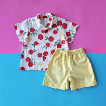 2 PACK BOYS & GIRLS APPLES SHIRT + ELASTIC WAISTBAND YELLOW SHORTS  / 100% COTTON