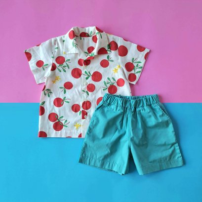 2 PACK BOYS & GIRLS APPLES SHIRT + ELASTIC WAISTBAND TEAL BLUE SHORTS  / 100% COTTON *PREORDER SHIP OUT 23 FEB