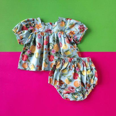 BUY IN 1 SET /GIRLS BUTTONS BACK PUFF SLEEVES FRUITY LIGHT BLUE TOPS + BLOOMER / 100% COTTON