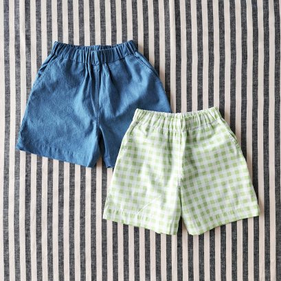 2 PACK BOYS & GIRLS ELASTIC WAISTBAND SHORTS  / 100% COTTON LIGHT GREEN GINGHAM + DENIM*PRE ORDER SHIP OUT 6 APRIL