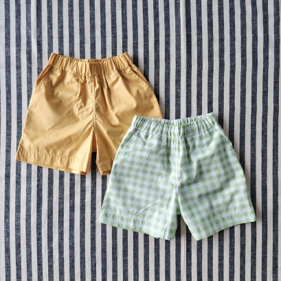 2 PACK BOYS & GIRLS ELASTIC WAISTBAND SHORTS  / 100% COTTON LIGHT GREEN GINGHAM +YELLOW MUSTARD*PRE ORDER SHIP OUT 6 APRIL