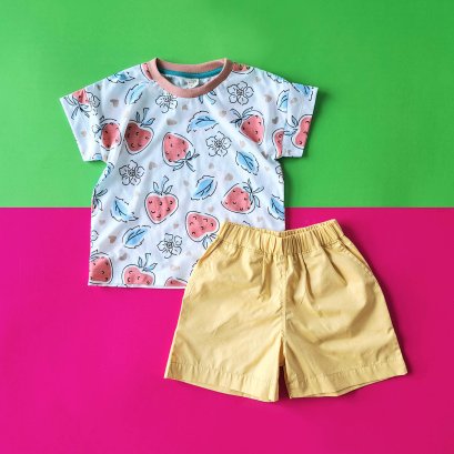 2 PACK BOYS & GIRLS STRAWBERRY TSHIRTS +ELASTIC WAISTBAND YELLOW MUSTARD SHORTS  / 100% PRINTED COTTON*PRE ORDER SHIP OUT 6 APRIL