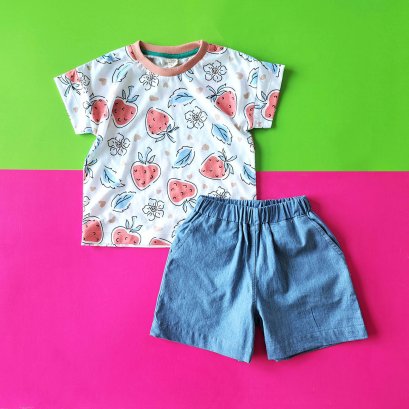2 PACK BOYS & GIRLS STRAWBERRY TSHIRTS +ELASTIC WAISTBAND DENIM SHORTS  / 100% PRINTED COTTON*PRE ORDER SHIP OUT 6 APRIL
