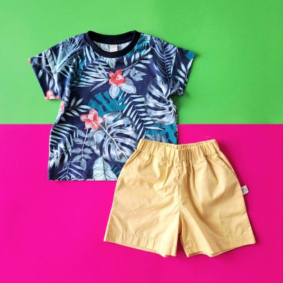 2 PACK BOYS & GIRLS BLUE HAWAII TSHIRTS +ELASTIC WAISTBAND YELLOW MUSTARD SHORTS  / 100% PRINTED COTTON*PRE ORDER SHIP OUT 6 APRIL