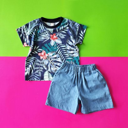 2 PACK BOYS & GIRLS BLUE HAWAII TSHIRTS +ELASTIC WAISTBAND DENIM SHORTS  / 100% PRINTED COTTON*PRE ORDER SHIP OUT 6 APRIL