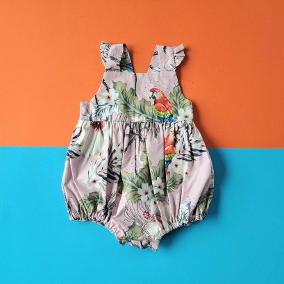 ELASTIC BACK PARROT PINK ROMPER 100% PRINTED COTTON
