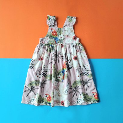 ELASTIC BACK PARROT PINK DRESS 100% PRINTED COTTON
