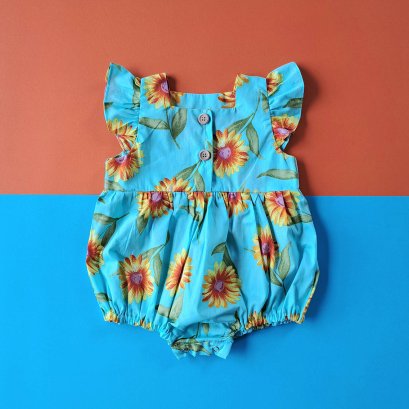 FLUTTER SLEEVE SUNFLOWER LIGHT BLUE ROMPER 100% PRINTED COTTON