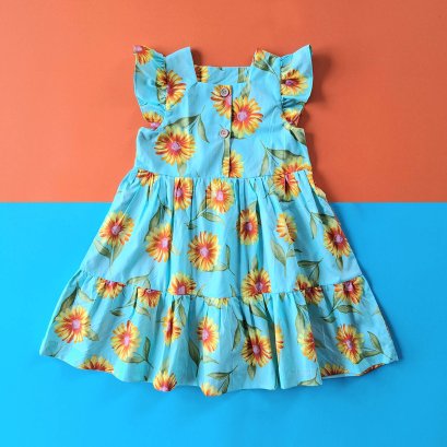 BUTTONS FRONT FLUTTER SLEEVE SUNFLOWER LIGHT LUE DRESS 100% PRINTED COTTON