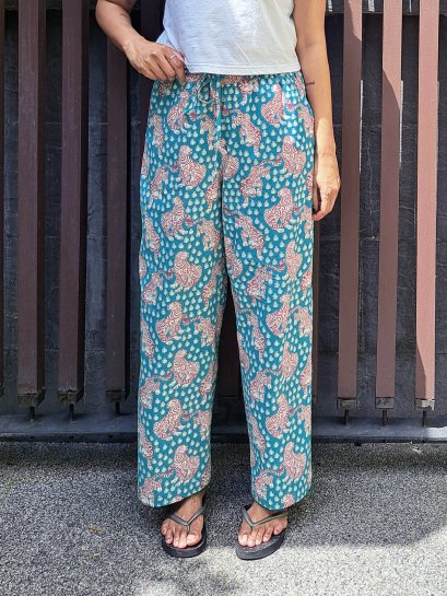 TEEN & ADULTS WOMEN LONG PANTS ELASTIC WAISTBAND  100% COTTON INDIAN HAND SCREEN PRINTED PRINTED BENGAL TIGER