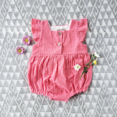 BUTTONS FRONT FLUTTER SLEEVES BRIGHT NEON PINK ROMPER 100% SOFT MUSLIN COTTON *PRE-ORDER SHIP OUT 24 AUGUST