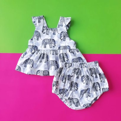 2 PACK GIRLS ELASTIC BACK WHITE ELEPHANT TOPS +  BLOOMER / 100% COTTON
