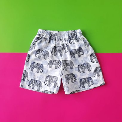 BOYS & GIRLS ELASTIC WAISTBAND ELEPHANTS SHORTS / 100% WHITE COTTON BLUE PRINTED
