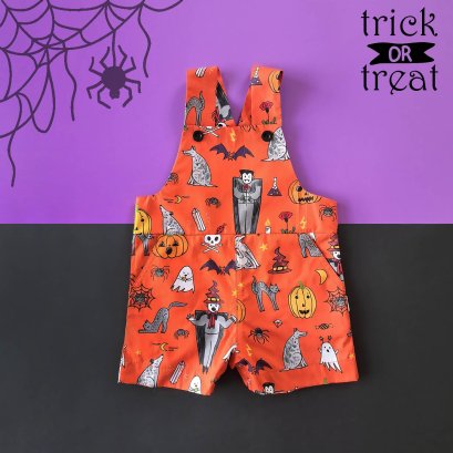 BOYS&GIRLS HALLOWEEN DRACULA ORANGE PINAFORE 100%PRINTED COTTON*