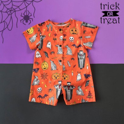 BOYS&GIRLS HALLOWEEN HALLOWEEN DRACULA ORANGE ROMPER 100% PRINTED COTTON