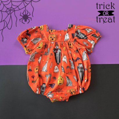 BUTTONS BACK PUFF SLEEVES ROMPER HALLOWEEN DRACULA ORANGE 100% PRINTED COTTON