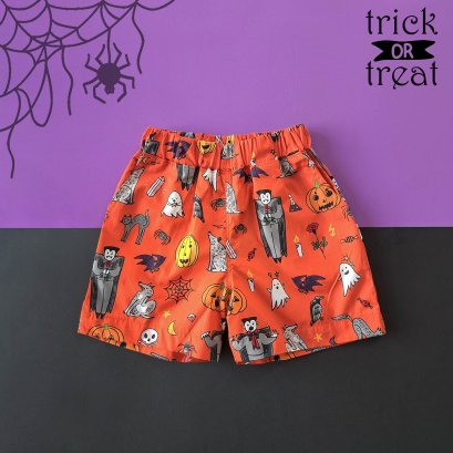 BOYS & GIRLS HALLOWEEN DRACULA ORANGE ELASTIC WAISTBAND SHORTS  / 100% PRINTED COTTON