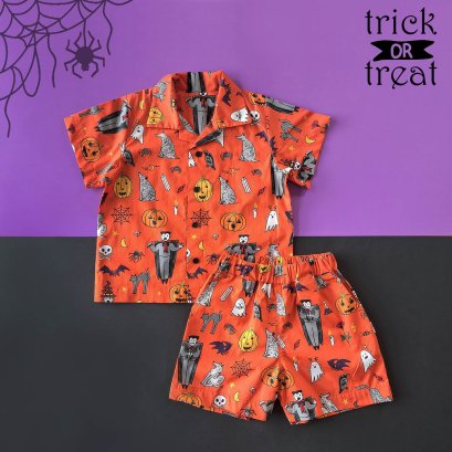 BUY IN 1 SET / BOYS & GIRLS HALLOWEEN DRACULA ORANGE SHIRT +ELASTIC WAISTBAND SHORTS  / 100% COTTON INDIA HAND BLOCK PRINTED