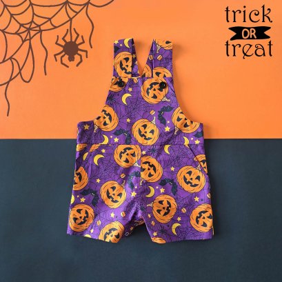 BOYS&GIRLS HALLOWEEN PUMKINS PINAFORE PURPLE 100%PRINTED COTTON