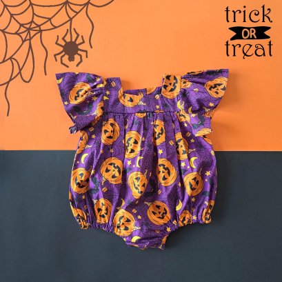 BUTTONS BACK BUTTERFLY SLEEVES HALLOWEEN PUMKINS ROMPER PURPLE 100% PRINTED COTTON*PRE-ORDER SHIP OUT 15 SEPTEMBER