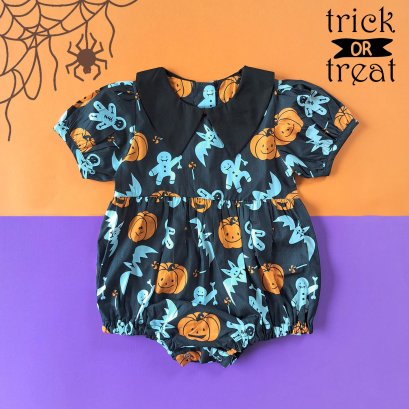 BUTTONS BACK PUFF SLEEVES WITH BLACK COLLAR ROMPER HALLOWEEN GINGERBREAD BLACK 100% PRINTED COTTON