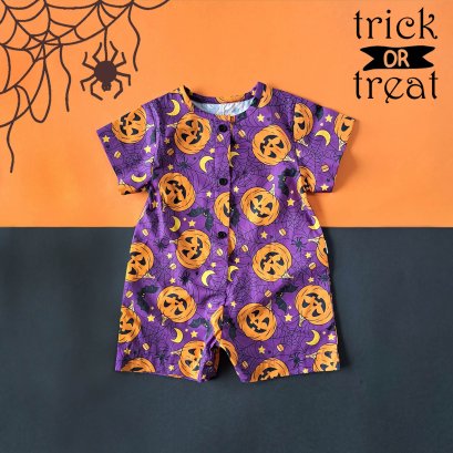 BOYS&GIRLS HALLOWEEN PUMKINS PURPLE ROMPER 100% PRINTED COTTON