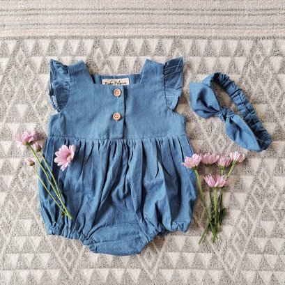 FLUTTER SLEEVES LIGHT BLUE DENIM ROMPER  100 % COTTON DENIM*HEADBAND NOT INCLUDE