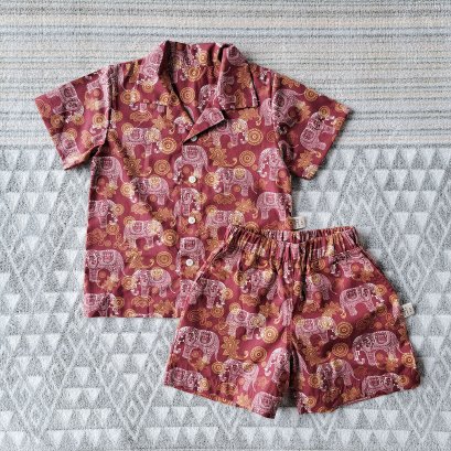 2 PACK BOYS & GIRLS RED ELAPHANTS SHIRT +ELASTIC WAISTBAND SHORTS  / 100% PRINTED COTTON