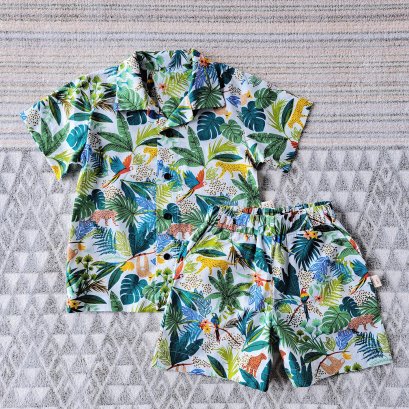 2 PACK BOYS & GIRLS WHITE JUNGLE SHIRT +ELASTIC WAISTBAND SHORTS  / 100% PRINTED COTTON