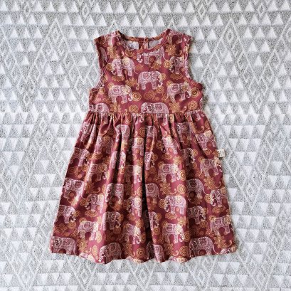 BUTTONS BACK DRESS MAROON ELEPHANT 100% PRINTED COTTON