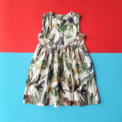 BUTTONS BACK JUNGLE LIGHT KHAKI DRESS 100% PRINTED COTTON