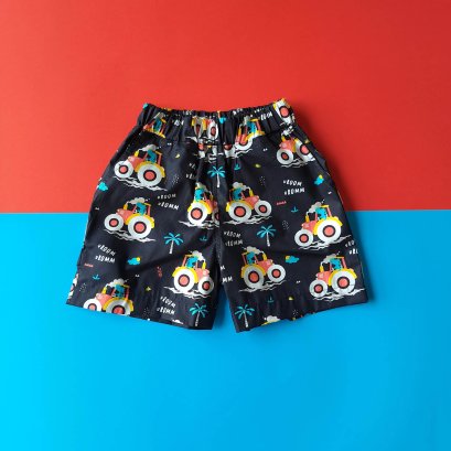 BOYS & GIRLS DINO VROOM VROOM ELASTIC WAISTBAND SHORTS BLACK / 100% PRINTED COTTON