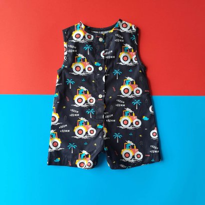 BOYS&GIRLS DINO VROOM VROOM ROMPER BLACK 100% PRINTED COTTON