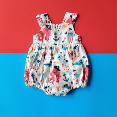 ELASTIC BACK SEA PIRATE CREAM ROMPER 100% PRINTED COTTON